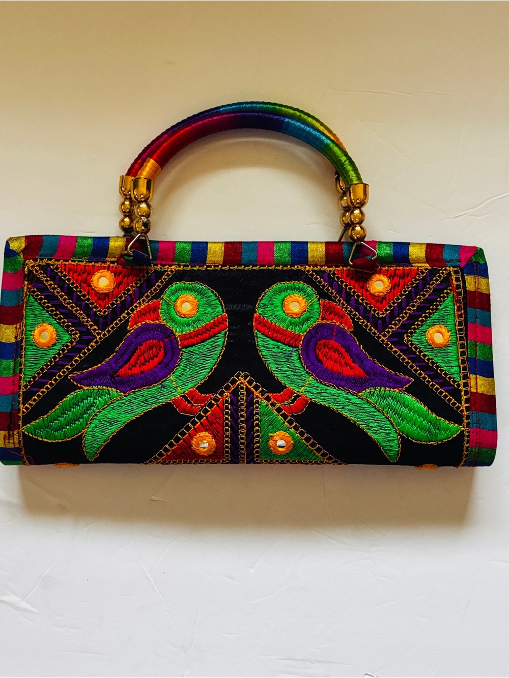 Embroidered Multicolor Bird Motif Women's Handbag